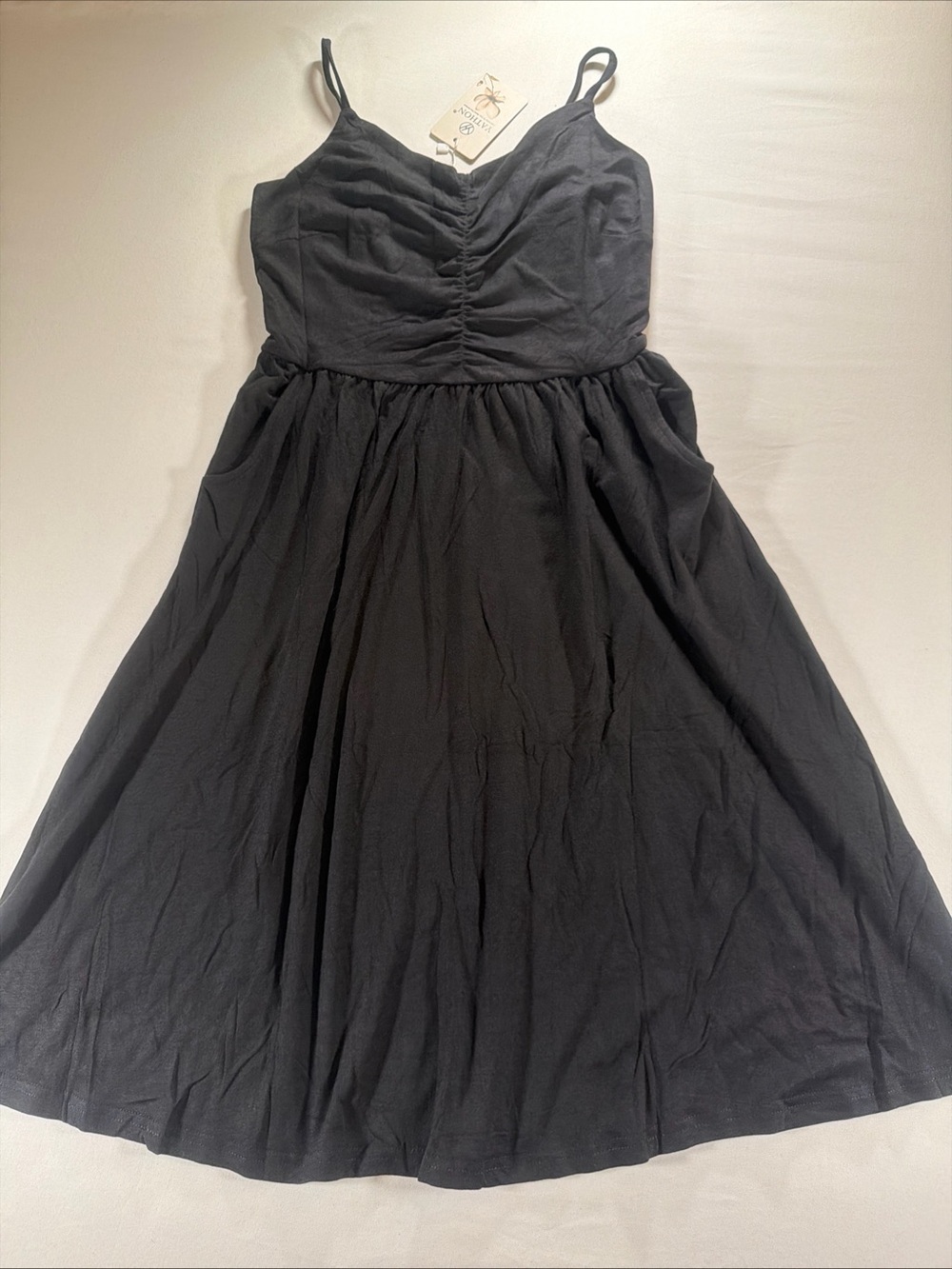 Black Ruched Spaghetti-Strap Midi Dress